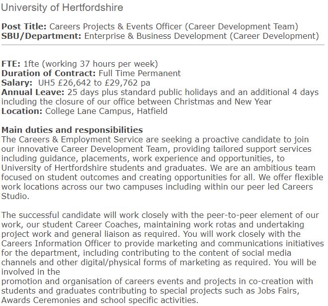 The @UniofHertsCE team @UniofHerts is hiring for another post! Applications for the Careers Projects & Events Officer are open until 12th July 2023 Job outline in the image . Apply by searching for the vacancy at the UH jobs pages: herts.ac.uk/staff/jobs-at-…