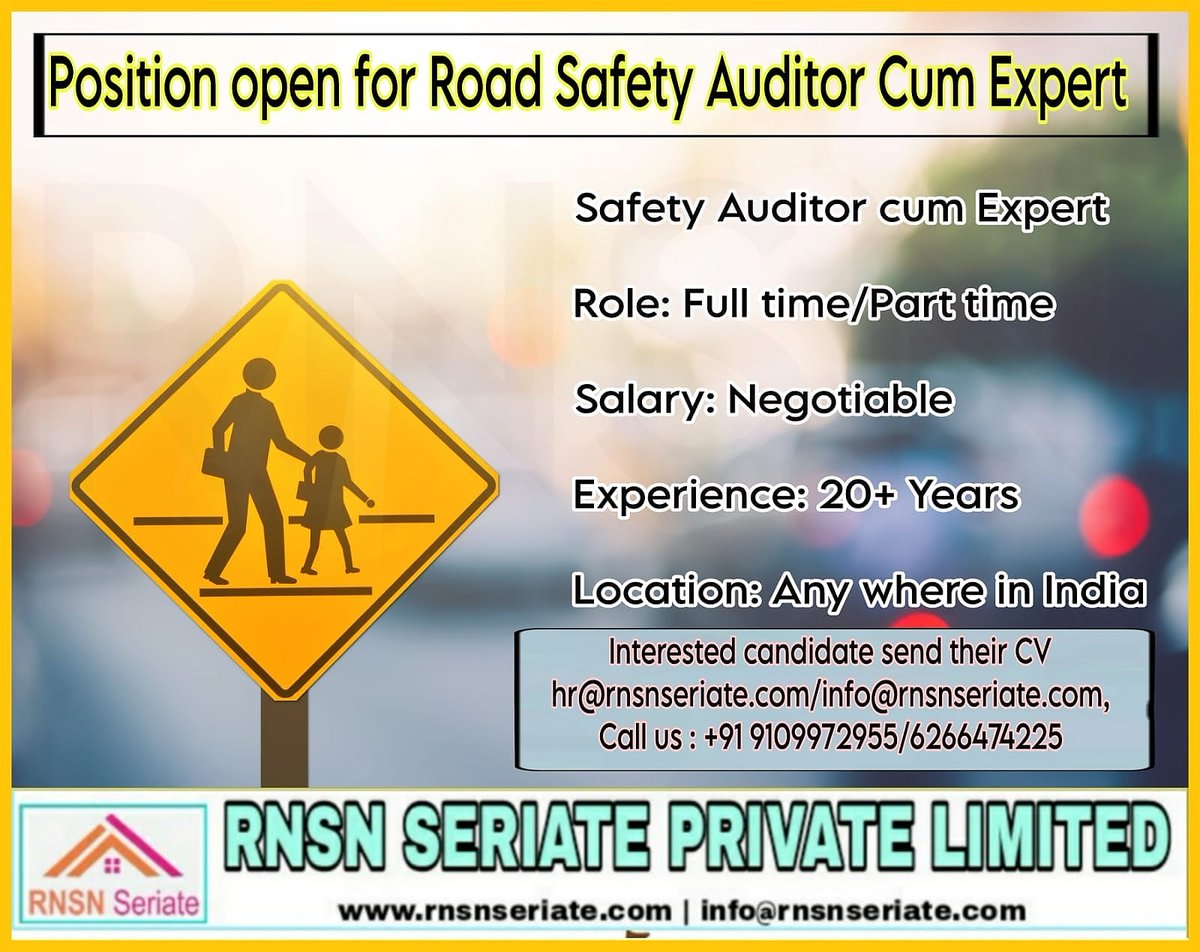 PoojaDew_RNSN's tweet photo. #Position_open_for_Road_Safety_Auditor_cum_Expert

✅ Role: Full time/Part time

✅ Salary: Negotiable

✅ Experience: 20+ Years

✅ Location: Any where in India

✅ Interested candidate send their cv hr@rnsnseriate.com or Info@rnsnseriate.com, Call Us : +91 9109972955 https://t.co/DlDxT8ZpR4