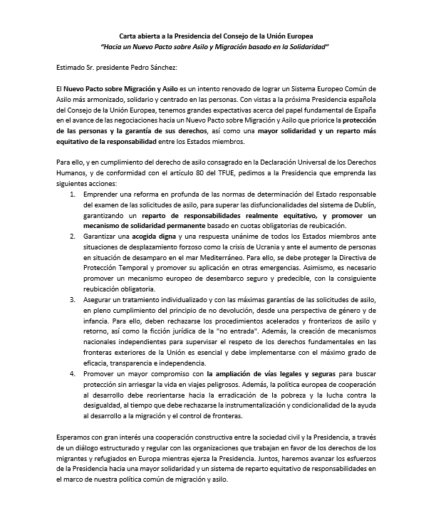 📨CARTA ABIERTA

🇪🇺🇪🇸 Más de 20 organizaciones europeas le hemos remitido este escrito a la Presidencia española del Consejo UE que comienza mañana para que lidere unas políticas migratorias y de asilo basadas en los derechos y las personas.👇🏾

cear.es/organizaciones…