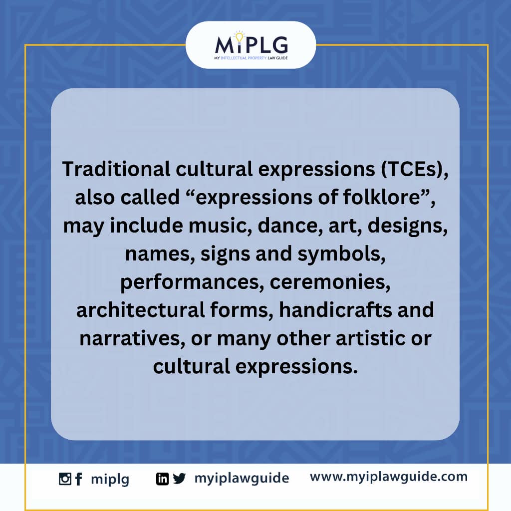 Traditional cultural expressions may be considered as the forms in which traditional culture is expressed,
form part of the identity and heritage of a traditional or indigenous community and are passed down from generation to generation.

#MIPLG 
#intellectualproperty
#TCEs