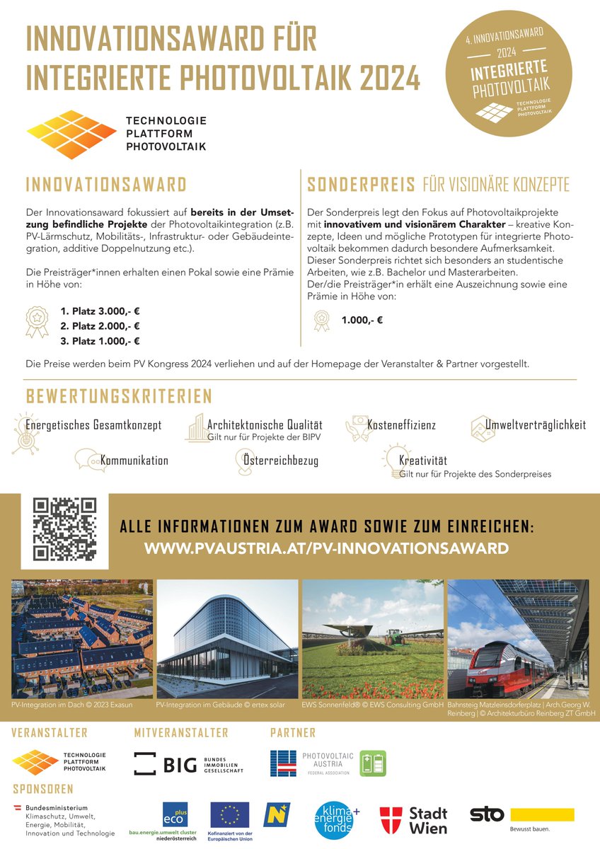 Innovative integrierte Photovoltaik-Projekte: Einreichen und gewinnen! Neben ExpertInnen aus PV und Energietechnik sollen auch BautechnikerInnen, BauplanerInnen, ArchitektInnen, LandwirtInnen, VerkehrsplanerInnen, StadtplanerInnen etc. einreichen! pvaustria.at/pv-innovations…