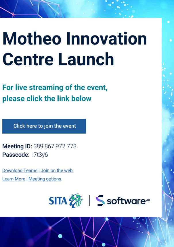 Please join the live stream of the event on Teams starting at 11:00. The event will be broadcasted live from SITA Centurion. 
bit.ly/3r02EMk 

#SITA
#DCDT
#SoftwareAG
#InnovationCentre 
#Collaboration
#TransformationJourney