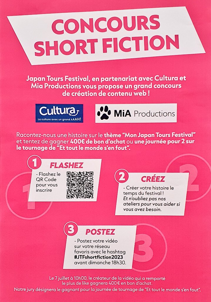 AllGeekStudio's tweet photo. Salut ! Ça vous dit de raconter une histoire pendant le Japan Tours Festival ? ➡️ Hop, voici un concours !

1: flashez le QR code (cible : https://t.co/xpdg3NJnOL) et inscrivez vous
2: créez, filmez etc
3: publiez (jusqu'à dimanche 18h30) avec #JTFshortfiction2023 https://t.co/wke5CtKktO