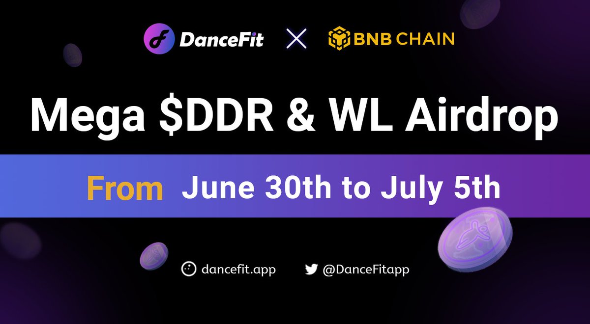 DanceFitapp's tweet photo. 🔥Big news! We've prepared a mega #DDR & #Whitelist #airdrop for #BNB #gamefi users!

If you've played @Stepnofficial, @tapfantasy2021, @tinyworldgamefi, @binary_x, @ThetanArena, @faraland_io, or @TheYuliverse between March 1st, 2022, and June 12th, 2023, you can claim your free $DDR tokens and #WL at #Dancefit🤑

📅Claim period: June 30th to July 5th

🎟️💸Claim your #airdrops NOW!: https://t.co/OXpodC1mql
#StepN #TapFantasy #Tinyworld #binaryX #Giveaways  #GiveawayAlert #AirdropAlert