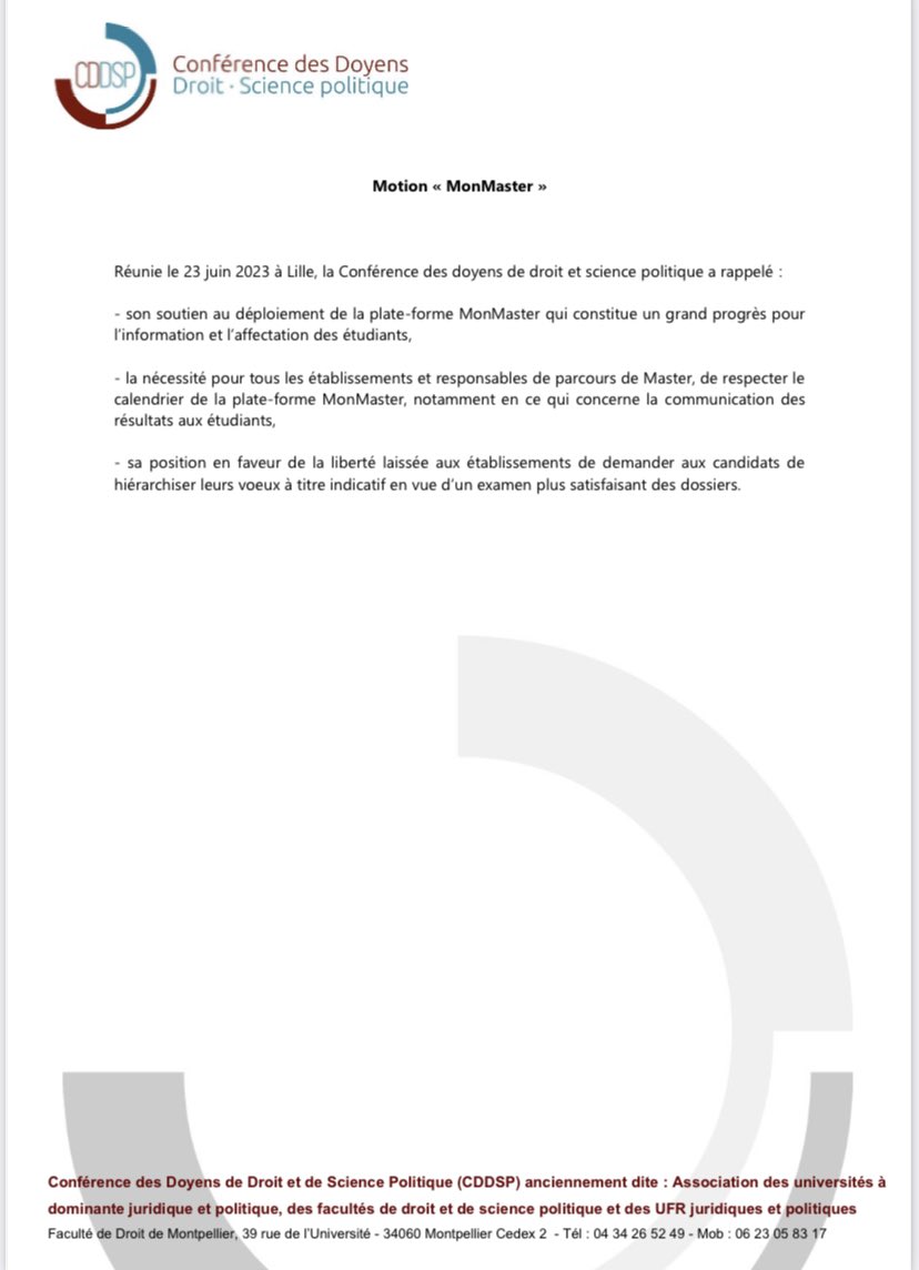 Stéphane BRACONNIER (@sbraconnier) on Twitter photo #MonMaster. Motion de la <a href="/cddsp/">CDDSP</a>, en faveur de la liberté laissée aux universités de demander aux candidats de hiérarchiser leurs vœux à titre indicatif. <a href="/FranceUniv/">France Universités</a> <a href="/NewsTankEduc/">News Tank éducation et recherche</a> <a href="/AEFsuprecherche/">AEFsuprecherche</a> <a href="/AssasUniversite/">Panthéon-Assas université</a> #MonMaster. Motion de la <a href="/cddsp/">CDDSP</a>, en faveur de la liberté laissée aux universités de demander aux candidats de hiérarchiser leurs vœux à titre indicatif. <a href="/FranceUniv/">France Universités</a> <a href="/NewsTankEduc/">News Tank éducation et recherche</a> <a href="/AEFsuprecherche/">AEFsuprecherche</a> <a href="/AssasUniversite/">Panthéon-Assas université</a>