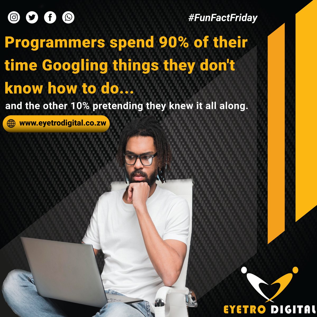 eyetrodigital's tweet image. The secret to being a programmer. Knowing how to Google like a boss 👨💻
#funnyprogramming #techtips #programmerproblems #codinglife #programmerjokes #techhumor #programminghumor #googleit #programmerlife #googlingpro @PR0GRAMMERHUM0R @TheProgMFC #developers #programmingmemes