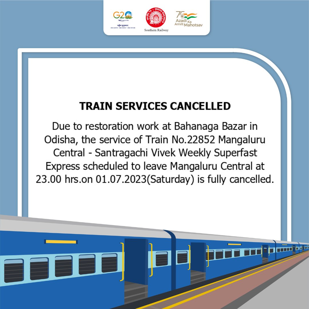 DRMPalghat's tweet photo. Attention Passengers,
Mangaluru Central-Santragachi Vivek Weekly Superfast Express is cancelled on July 01, 2023 due to restoration work at Bahanaga Bazar in Odisha.
Stay informed to plan ahead.
#DRMPalghat #SouthernRailway #Trainupdates #Trainservices #Railalerts https://t.co/xIDtcoNNmT