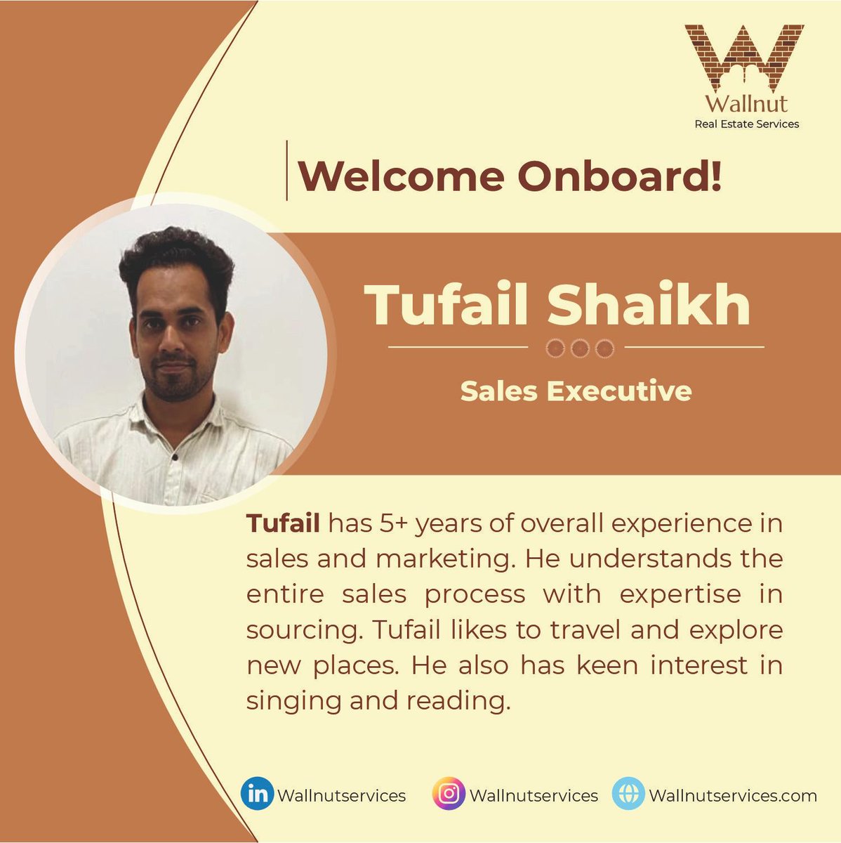 WallnutServices's tweet photo. We are pleased to have Mr. Tufail Shaikh as our Sales Executive. We wish him success in all his endeavors.
Welcome to the team Tufail!
#wallnutservices #newemployee #onboard #finance #realestate #realestatefinance #realestatemumbai #mumbairealestate #mumbai https://t.co/o8thCBzY21
