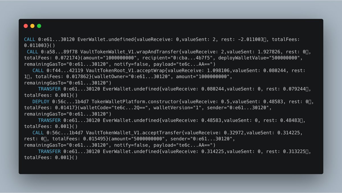 fastfourier_eth's tweet photo. Locklift tracing is amazing, I can't describe how hard is building TVM contracts without it. Spending hours by searching errors in asynchronous messages. Happy to see how dev tools are getting better and better 👨‍💻 https://t.co/FxWRyv3AM8
