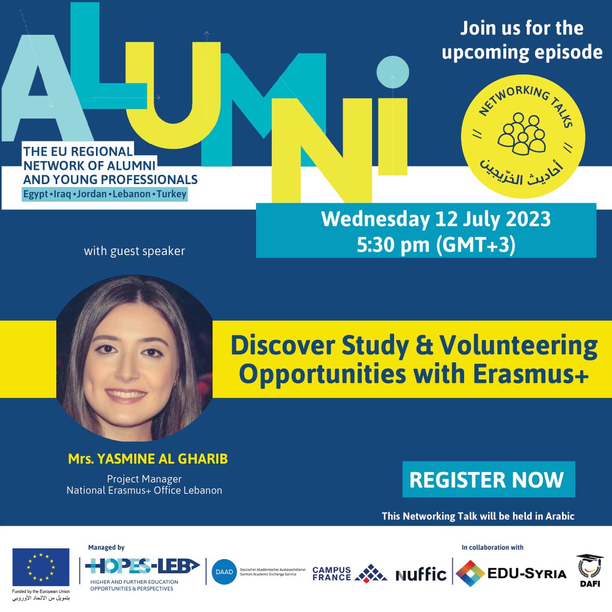 Discover study & volunteering opportunities of Erasmus+ in the upcoming episode of Networking Talks with the Project Manager Erasmus+ in Lebanon, Mrs. Yasmine Al Gharib on July 12, at 5:30pm (GMT+3). Register now to participate for free: framaforms.org/stmr-ltsjyl-fy…