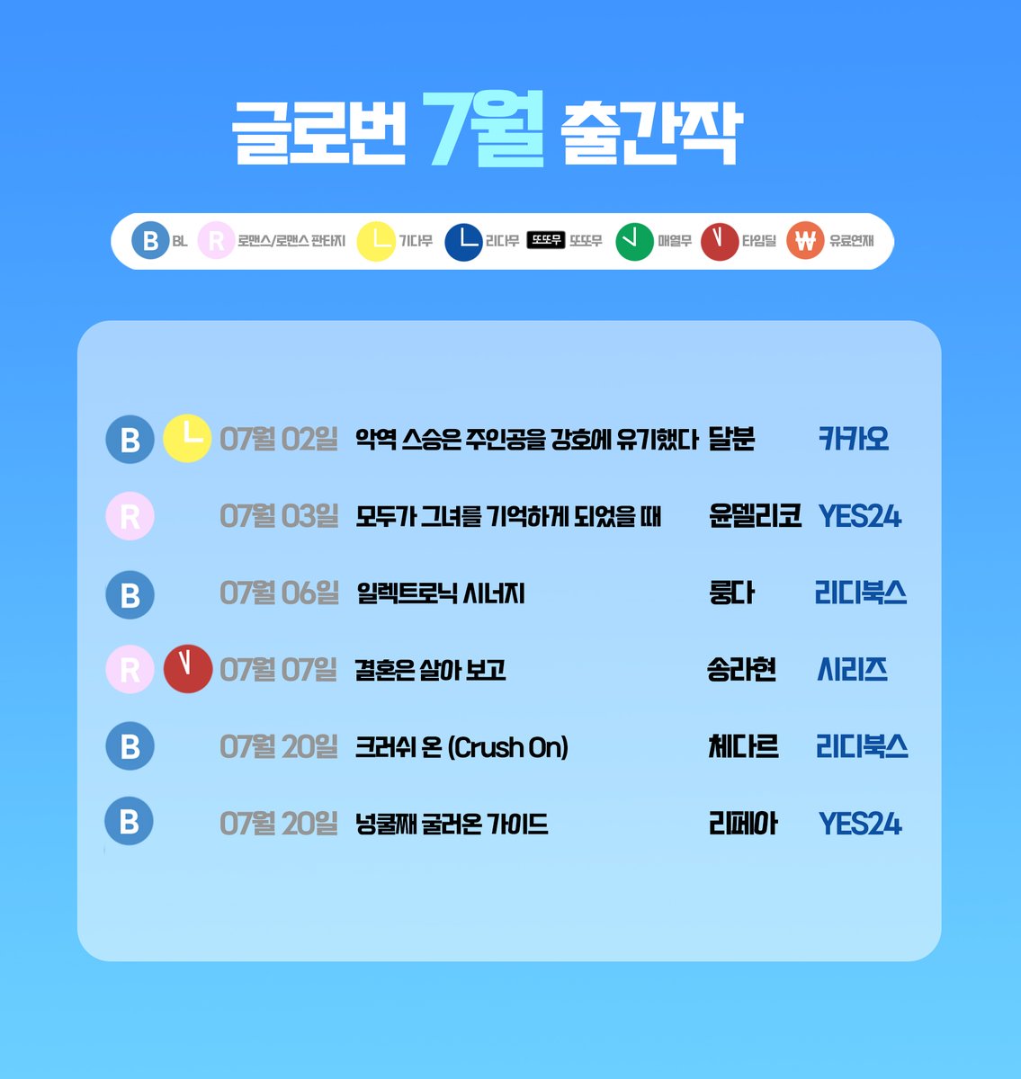 글로번 7월 출간 안내입니다. :) 글로번과 함께 시원한 7월 되시길 바랍니다. 감사합니다.💕