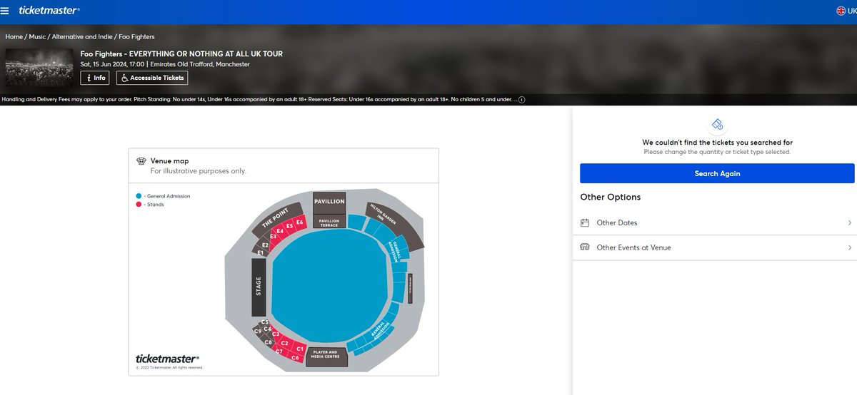 Rob_W_Smith's tweet photo. @foofighters Waited for Manchester tickets at #Ticketmaster  for 09.00. At 09:07 TicketMaster let me try buy seated tickets-none available. At same time hundreds of specified seated tickets are available on #Viagogo &amp; Stubhub at 4x retail price.  #joke Will this ever change? https://t.co/NfeOaWpXzW