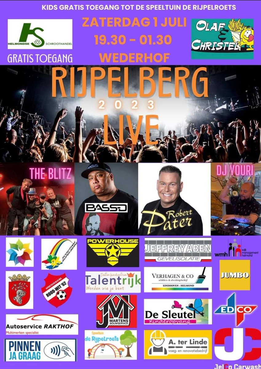 ditisonzewijknl's tweet photo. Rijpelberg Live! 2023 

A.s zaterdag 1 juli bij Wederhof Rijpelberg Helmond!!!
Wij zijn er ook bij met @depeellive

Met DJ Youri / Robert Pater / DJ Bass-D / The Blitz 

#entreegratis #rijpelberg #ditisonzewijk @AgendaHelmond #helmondlive https://t.co/PTrBiYfevW