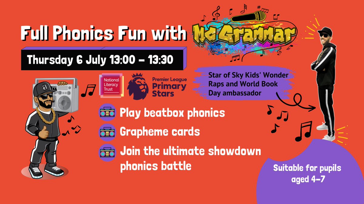 📢 Calling all teachers! Join @MrMCGrammar for an #ActivePhonics event next Thursday 6 July at 1pm! Get ready to make some noise during this 30 min #PLPrimaryStars session packed with fun, interactive phonics games. Suitable for pupils aged 4-7. 

Sign up: literacytrust.org.uk/events/mc-gram…