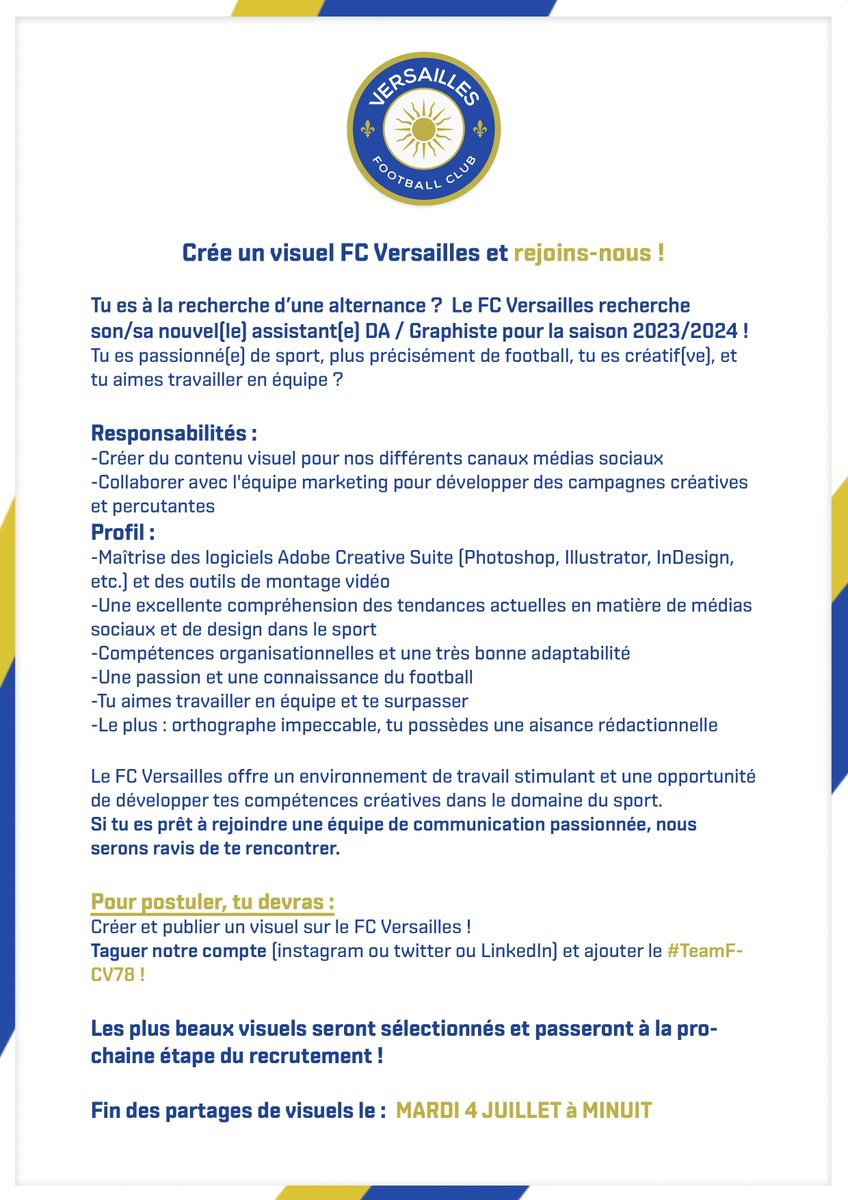 FC_Versailles's tweet photo. 💼Le FC Versailles recherche son/sa nouvel(le) assistant(e) DA / Graphiste ! 

Pour postuler tu devras : 
➡️Créer et publier un visuel sur le FC Versailles !
➡️Taguer notre compte Twitter et ajouter #TeamFCV78 !  

🗣️@ quelqu'un qui pourrait être intéressé !    

#sport #football https://t.co/ybtSV8WN1b