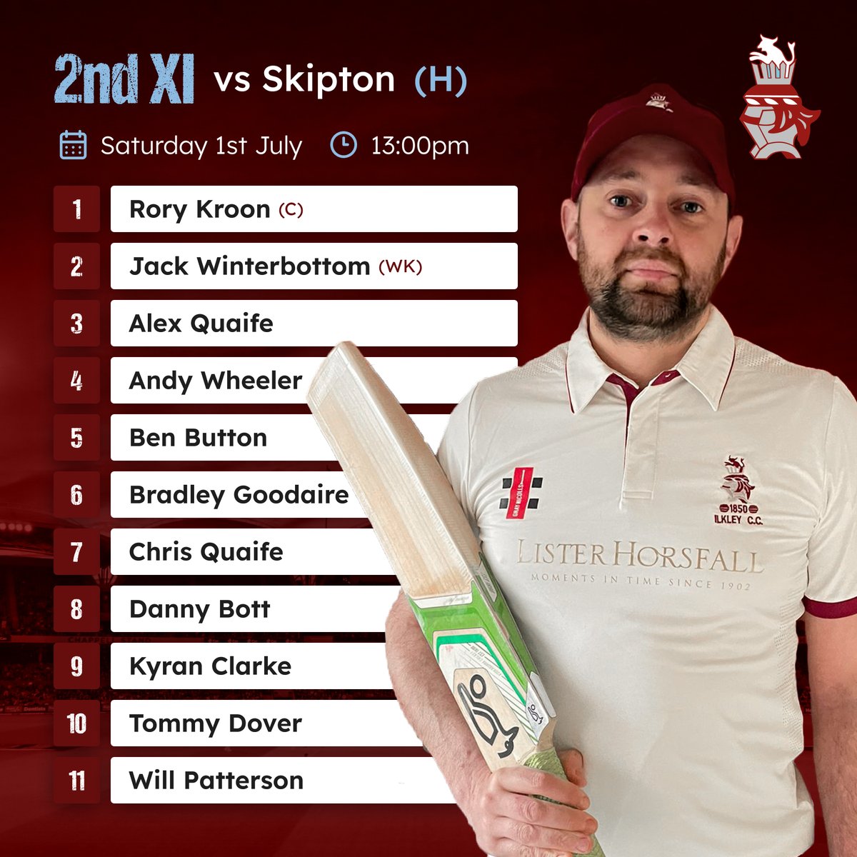 IlkleyCC's tweet photo. 🏏 Teams for the upcoming weekend of cricket.  

1st XI vs @CalverleyCC Sat 1:00pm  

2nd XI vs @SkiptonCricket Sat 1:00pm  

3rd XI vs @KECC1853 Sun 2:00pm

#ICC #IlkleyCC #ICCTWD https://t.co/M5OrJfZxwr