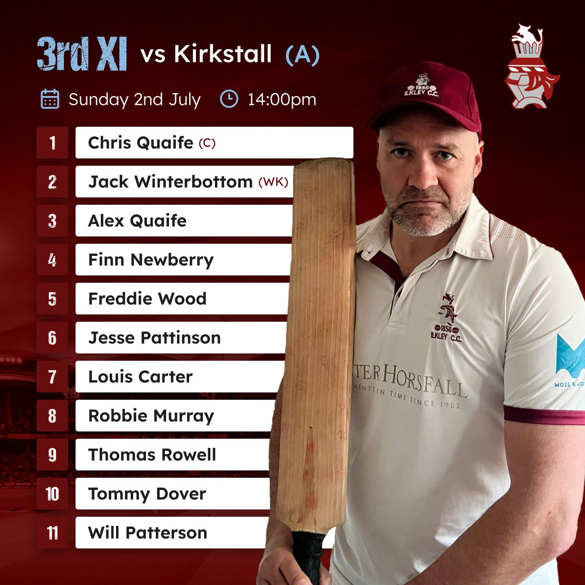 IlkleyCC's tweet photo. 🏏 Teams for the upcoming weekend of cricket.  

1st XI vs @CalverleyCC Sat 1:00pm  

2nd XI vs @SkiptonCricket Sat 1:00pm  

3rd XI vs @KECC1853 Sun 2:00pm

#ICC #IlkleyCC #ICCTWD https://t.co/M5OrJfZxwr