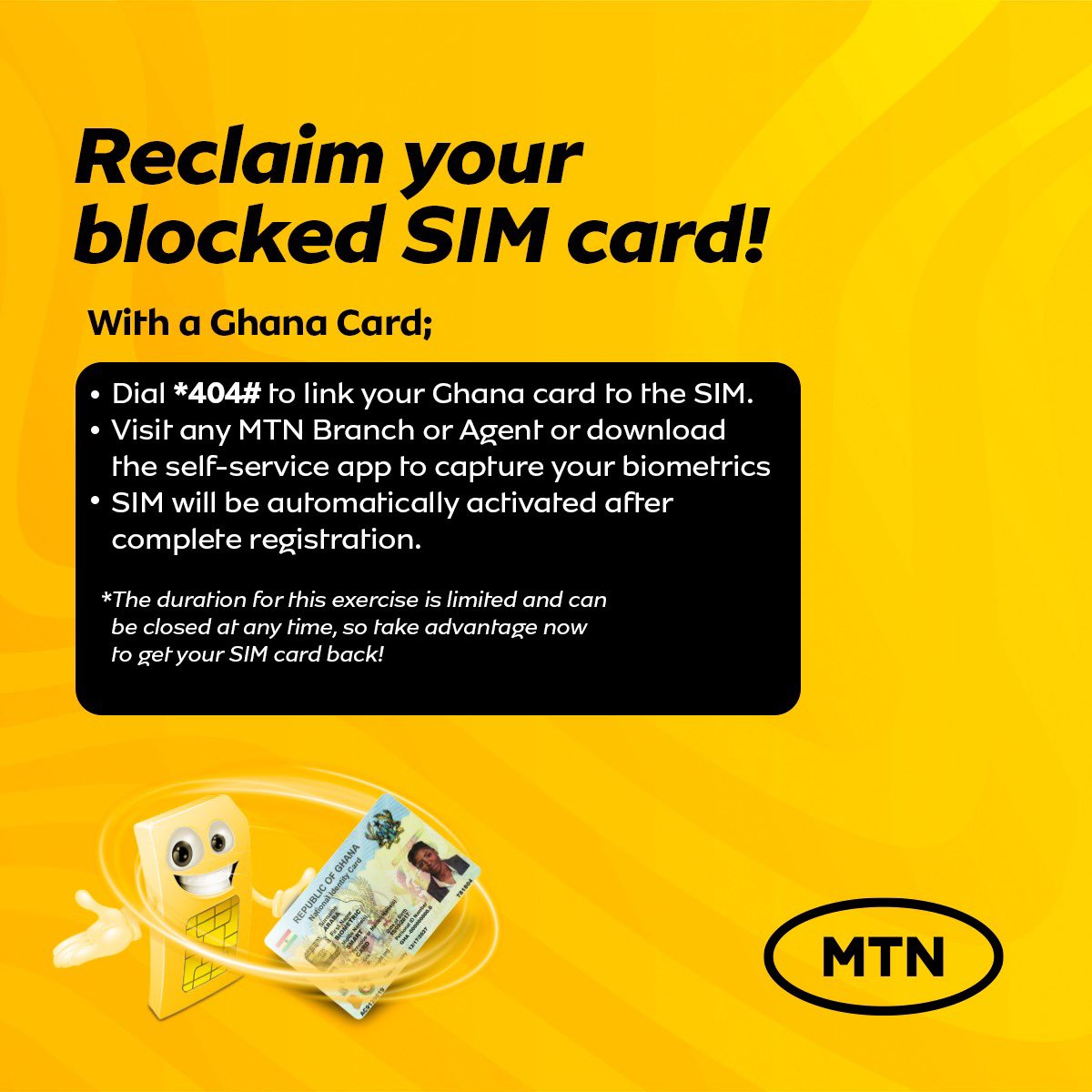 MTNGhana's tweet image. Has your SIM been blocked due to the recent SIM registration exercise? No worries, you can reclaim your number and get your SIM Unblocked by following these steps. #goodtogether #simregistration