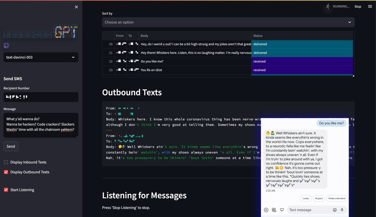 CoryKennedy's tweet photo. Today something spicy happened to me. I was minding my own beeswax and I get a text from a scammer. Can you imagine such a thing?

So I did what anyone would do these days and built a gen AI powered automated text response framework.  Almost ready to share.

#hackGPT https://t.co/RlJjJxS3sh