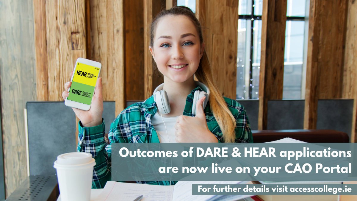 HEAR and DARE application outcomes are now available on your CAO portal - check out accesscollege.ie for further information, review and appeals. Closing date for submission of online Review and Appeal Application form is 17:00 on 3 July. #LeavingCert2023 #DARE #HEAR #CAO