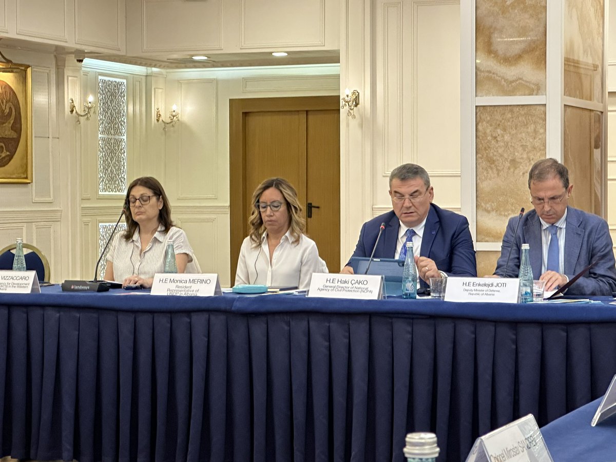 UNDPAlbania's tweet photo. Happening:Roundtable on Disaster Risk Management&amp;Civil Protection in Albania
International dev partners   @SwedeninAL @AICSTirana @nestrangeiro_pt  @PLinAlbania 
 @USAIDAlbania  R working W @MinMbrojtjes &amp; #AKMC 2 enable 🇦🇱 meet European standards&amp; fulfill Sendai framework goals https://t.co/2wM9mtBaIv