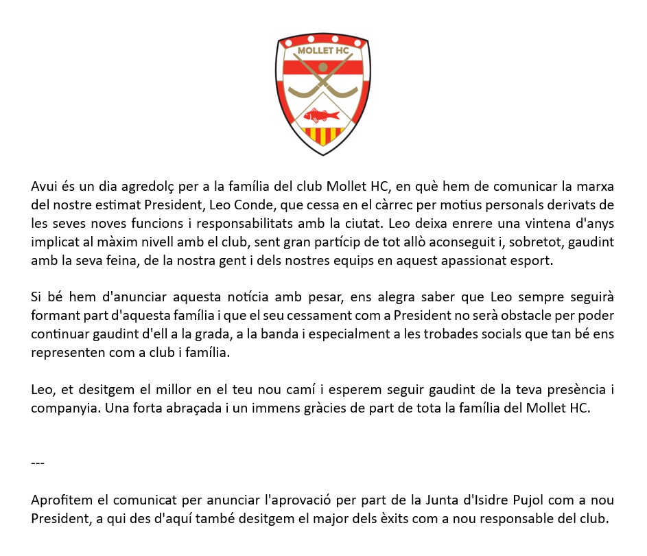 Mollet_HC's tweet photo. Comunicat important del Club 👇 https://t.co/rD1naSeCDR