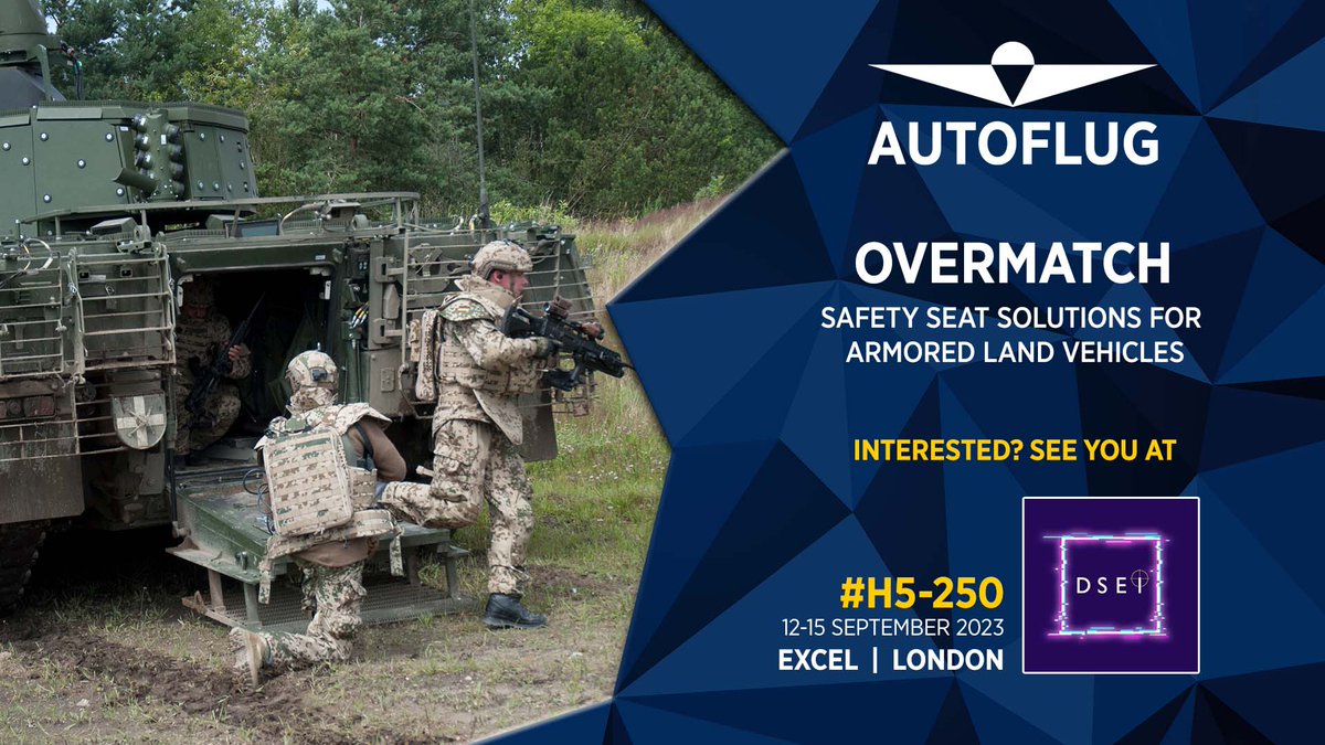 autoflug's tweet image. The DSEi 2023 in London take place from 12-15 SEPTEMBER 2023. We are looking forward to seeing you there.

#AUTOFLUG #thinkingsafety #OVERMATCH #exhibition