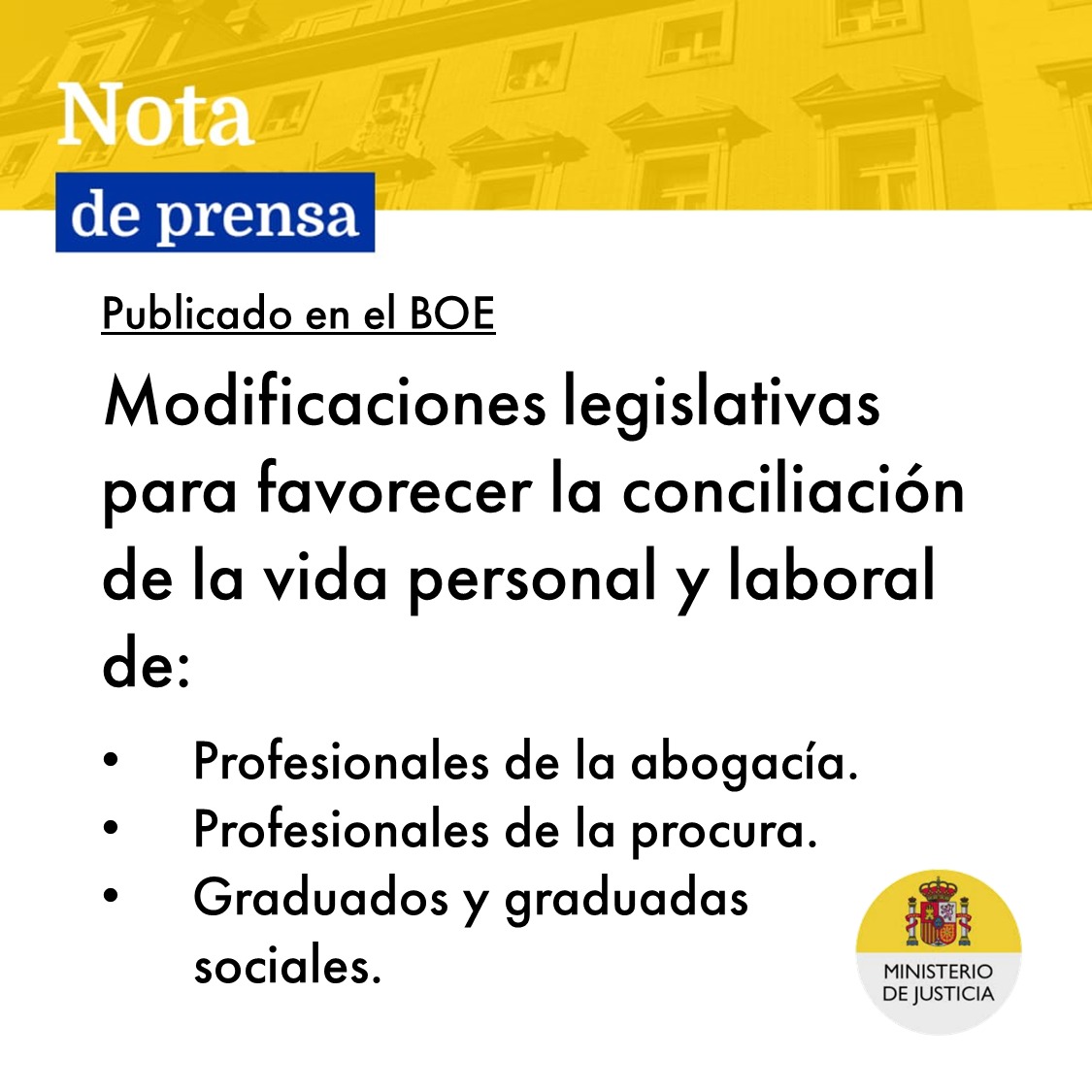 📢RDL que contempla modificaciones legislativas para favorecer la conciliación de la vida personal y laboral de👉🏼 profesionales de la abogacía y la procura y graduados y graduadas sociales.

📄BOE: bit.ly/3Nzzjjs
🔗bit.ly/44i1slK vía <a href="/justiciagob/">Ministerio de la Presidencia, Justicia y R. Cortes</a>