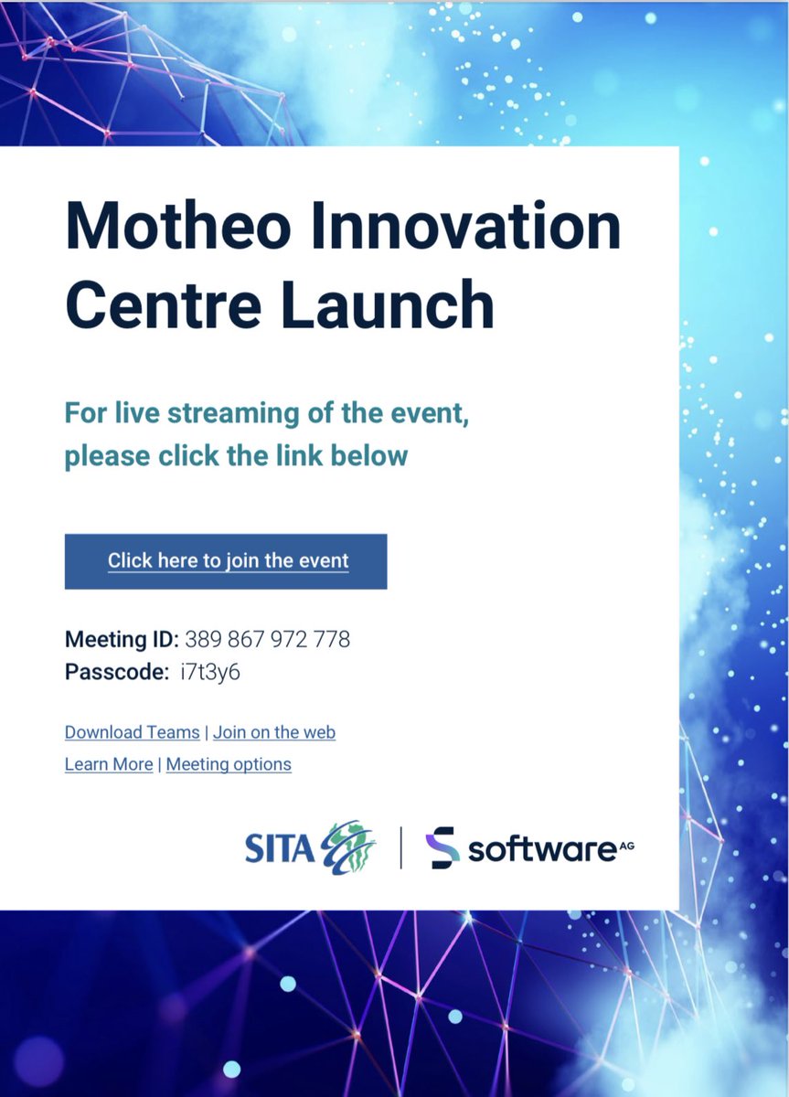 Catch all the proceedings via the live stream of the event on @MicrosoftTeams starting at 11:00. The event will be broadcasted live from @sitasocltd 

bit.ly/3r02EMk 

#DCDT
#SITA
#SoftwareAG
#InnovationCentre 
#Collaboration
#TransformationJourney