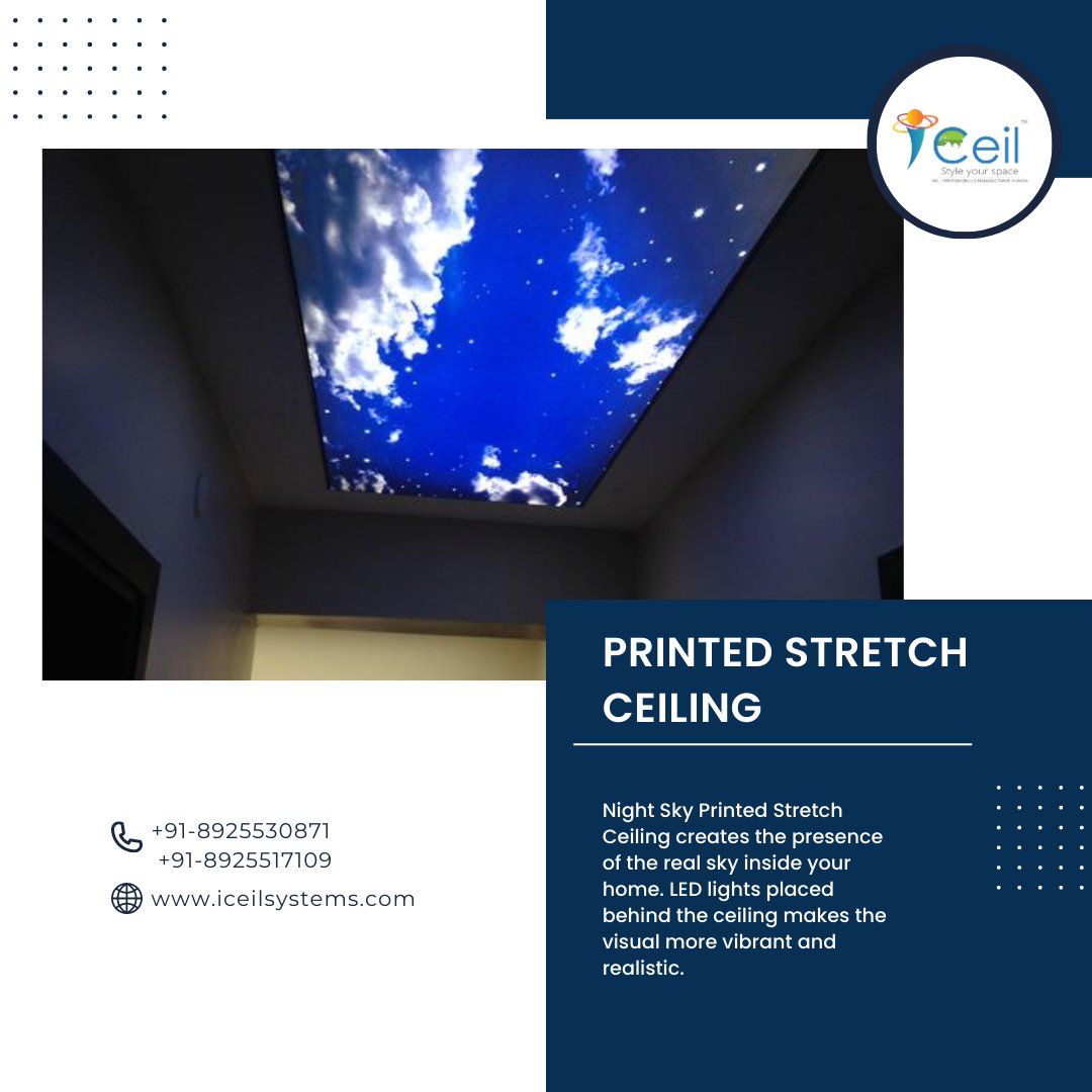 iceilsys's tweet image. Night Sky Printed Stretch Ceiling creates the presence of the real sky inside your home. LED lights placed behind the ceiling makes the visual more vibrant and realistic. - iceilsystems.com

#stretchceilingdrywall

#stretchceilingusa

#3dstretchceiling

#printedceiling
