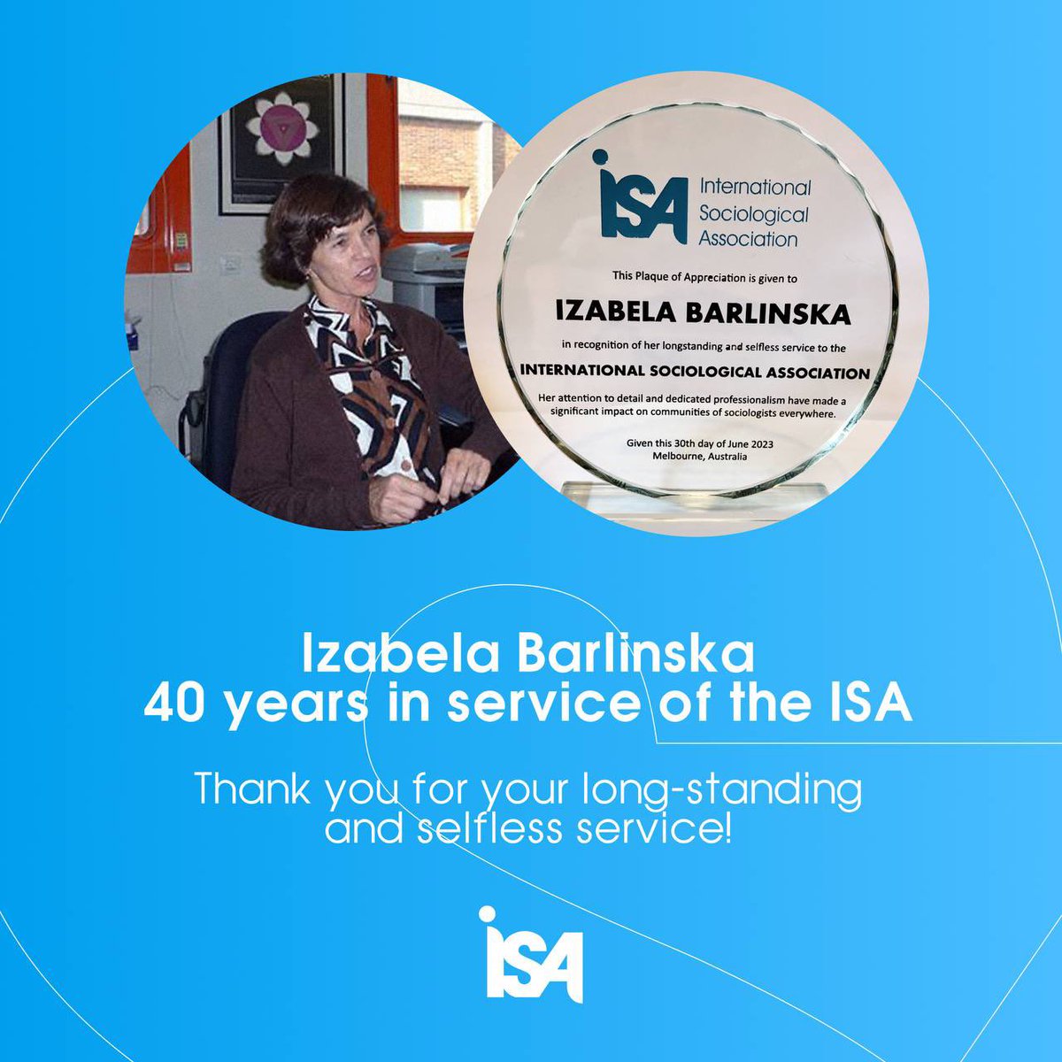 isa_sociology's tweet photo. In this minute the Plaque of Appreciation is given to Izabela Barlinska, in recognition of her longstanding service to the ISA.
#ISAhistory #ISAWCS23 https://t.co/GEioSH895b