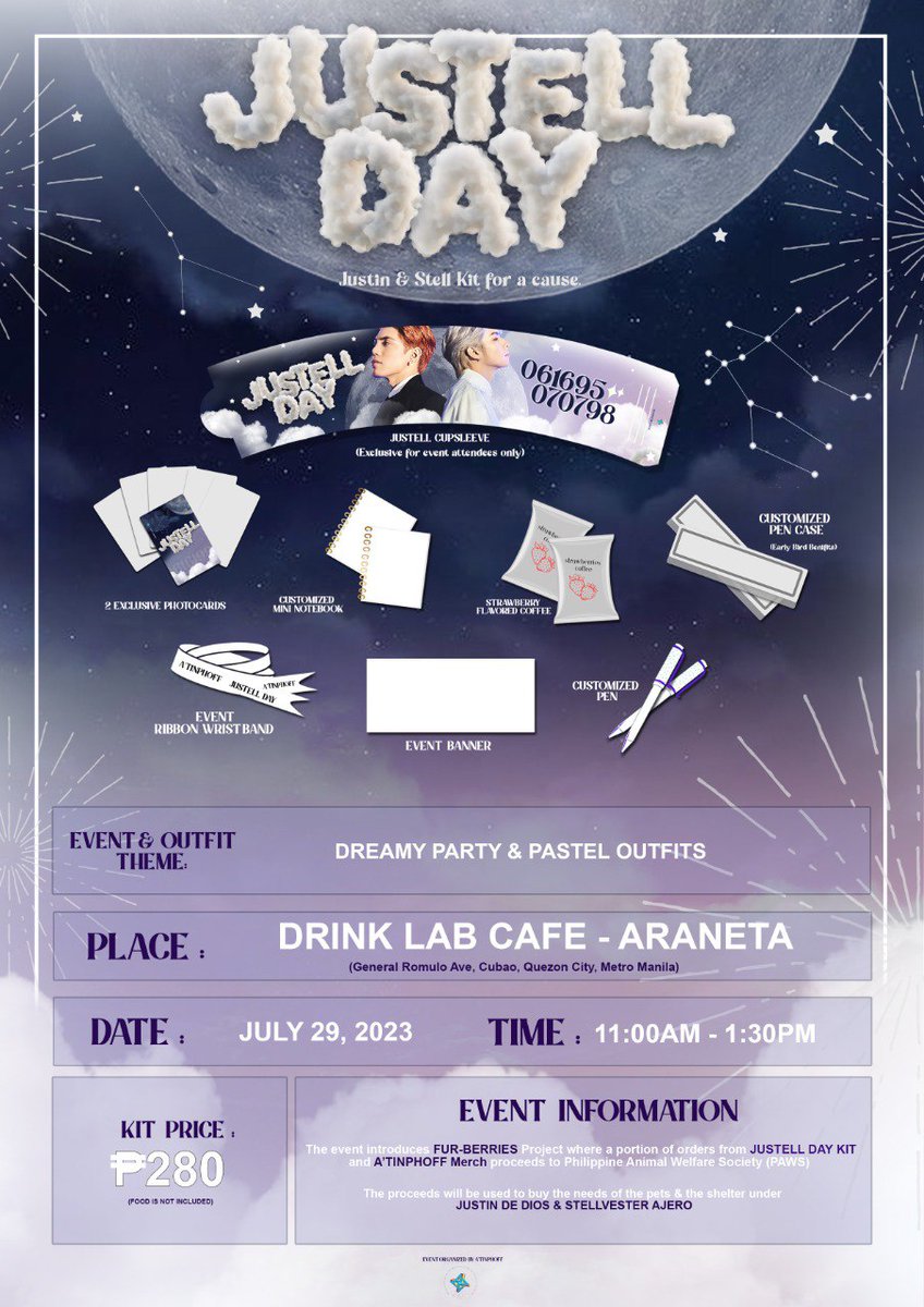 JUSTELL DAY🌽🍓
📅 July 29, 2023 (SAT)
🕜 11:00AM to 1:30PM
📍 Drink Lab Cafe - Araneta (formerly Smile To Go)
🔗: forms.gle/1BVn9FQ5VWS4Sj…
KIT: 280PHP
REG: 100PHP (food/drink downpayment)

#JUSTELLDAY #ATINPHOFF
@SB19Official #SB19
#PagtatagDavaoCon 
#PAGTATAGWorldTourDavao