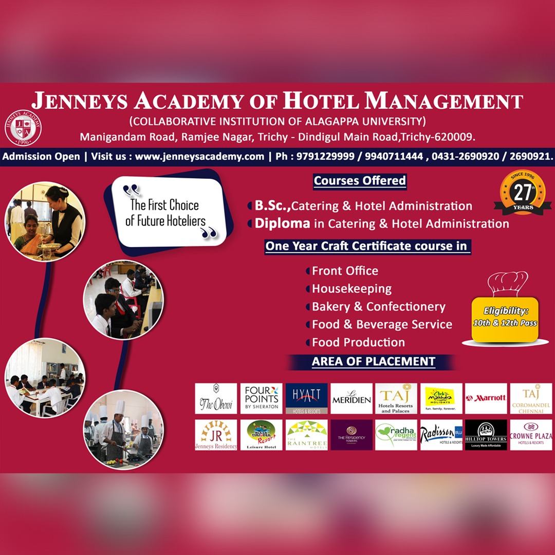 JenneysAcademy's tweet photo. Multiple Career Paths in Hotels, Resorts, Restaurants and many more.
Get 100% JOB Assistance - Work for Top 5-Star Brands (India or Abroad)

📷Admission-Open for  2023-2024 

#HotelManagement #TamilNadu #OnlineExam #Hotelmanagementtrichy #Trichy #hospitality  #trichy https://t.co/OdtutIaZ2r