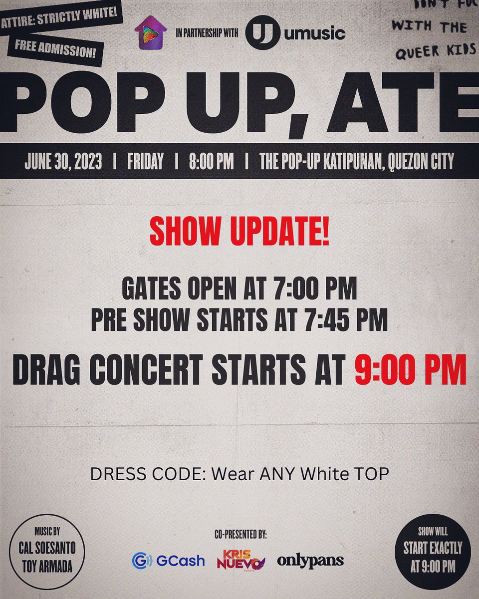 eva_lequeen's tweet photo. Don’t miss our SUPERSIZED DRAG CONCERT TONIGHT!!
Gates open 7pm! Pre show and prizes at 7:45! CONCERT STARTS AT 9pm!!
Wear your WHITE TOP and PARTY WITH US!! #KeepDragAlive #PopUpAte #WhiteBlockParty https://t.co/vcJZCtqS9j