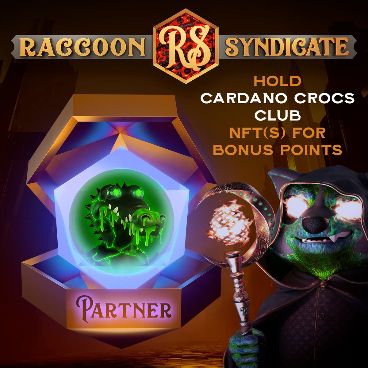 RaccoonSyndicat's tweet photo. Excited to share 2 new Partner Projects for Season 2 of the @RaccoonSyndicat game starting July 4th! 

@CardanoCrocClub and @CardanoClanns !!

We're big fans of both these projects, and their teams and are super honoured to partner with our friends this way! https://t.co/BlstfEzMsA