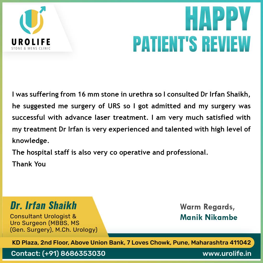 UrolifePune's tweet photo. Know what our happy patients think about our treatments.
Here sharing with you the google review of our patient –Tukaram
Kolekar.
Call us - 8686353030
Visit - https://t.co/P8THu61A6C.
.
#patientreviews #googlepatientsreview #happypatients♥️ #drIrfanShaikh #Urolifeclinic #Pune https://t.co/VB1c782l6P