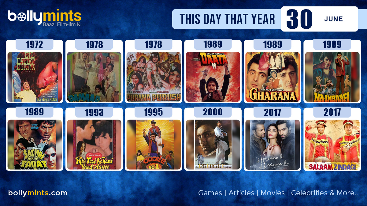 BollyMints's tweet photo. Here are the few #BollywoodMovies released on this day. Stay tuned at https://t.co/ohKmuyqHCy for more #updates #ThisDayThatYear #30June #DilDaulatDuniya #Damaad #PuranaPurush #Daata #Gharana #NaInsaafi #SachaiKiTaqat #CoolieNo1 #Refugee #EkHaseenaThiEkDeewanaTha #SalaamZindagi https://t.co/4vBiymsadF