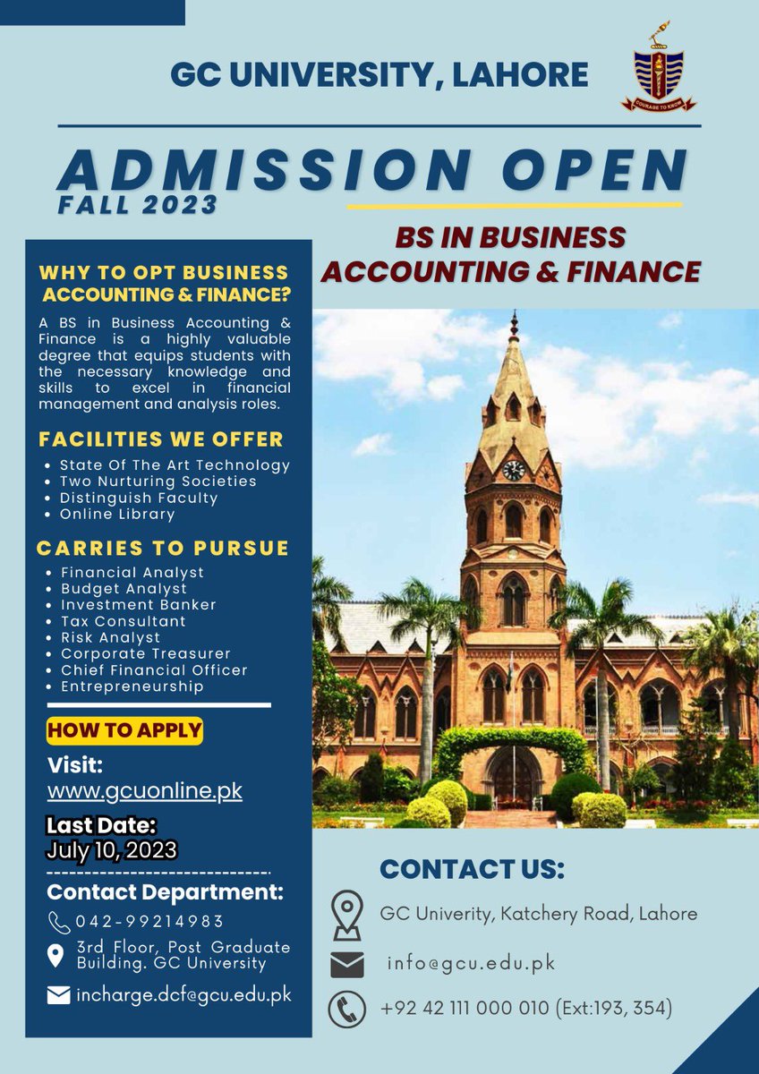 zaidia's tweet photo. ~~ Admission open at Government College University Lahore for BS in Business Accounting and Finance ~~

The BS in BAF will enable the participants to develop a good understanding of accounting, finance, money, banking, management and marketing and to understand the role of these factors in economic development.

The objective is to provide the banking, financial sectors as well as to non-financial sector with relevant human resource equipped with academic and applied knowledge. 

For more details, 👇 
https://t.co/zV8SUFyRT4