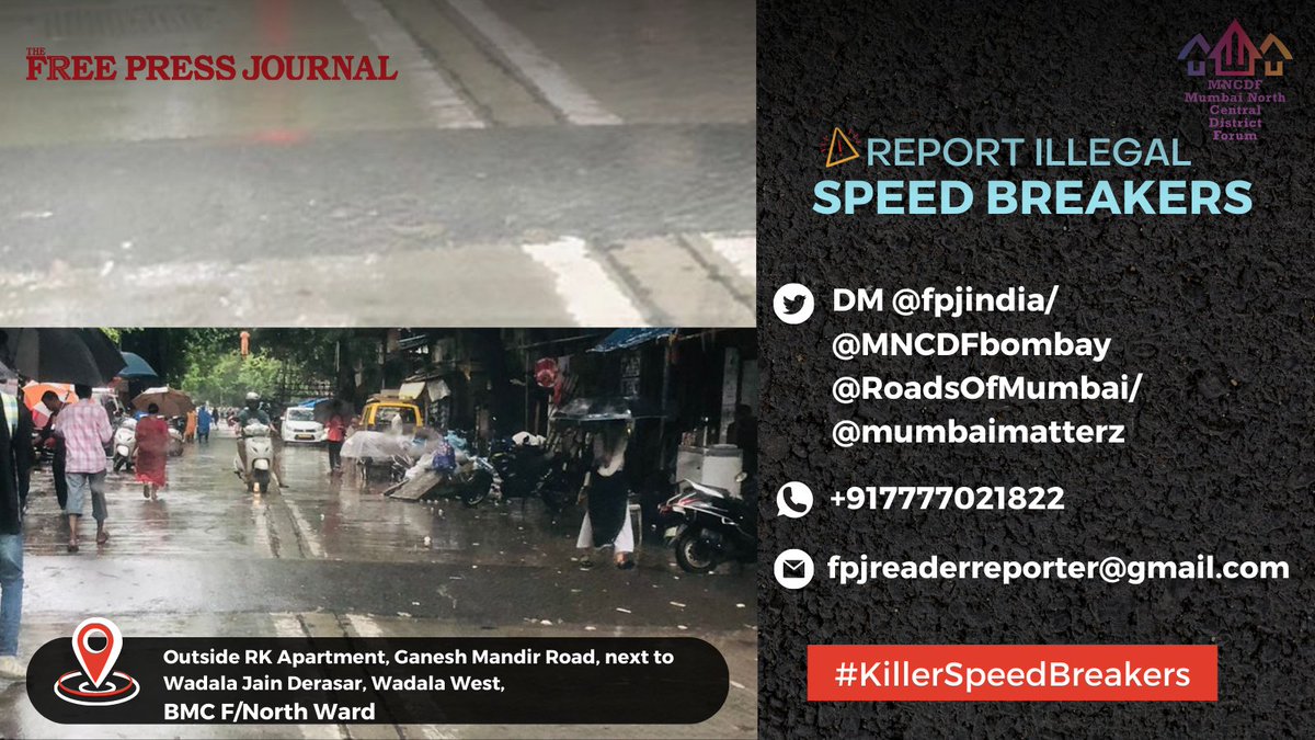 fpjindia's tweet photo. #KillerSpeedBreakers

Speed Breakers Outside RK Apartment, Ganesh Mandir Road, next to Wadala Jain Derasar, Wadala West. Not a single one is painted. @mybmcWardFN

Please get this painted at the earliest.

If you have similar complaints then reach out to us below with the location of the speed breaker and picture.

@fpjindia/@MNCDFbombay/@RoadsOfMumbai
/@mumbaimatterz