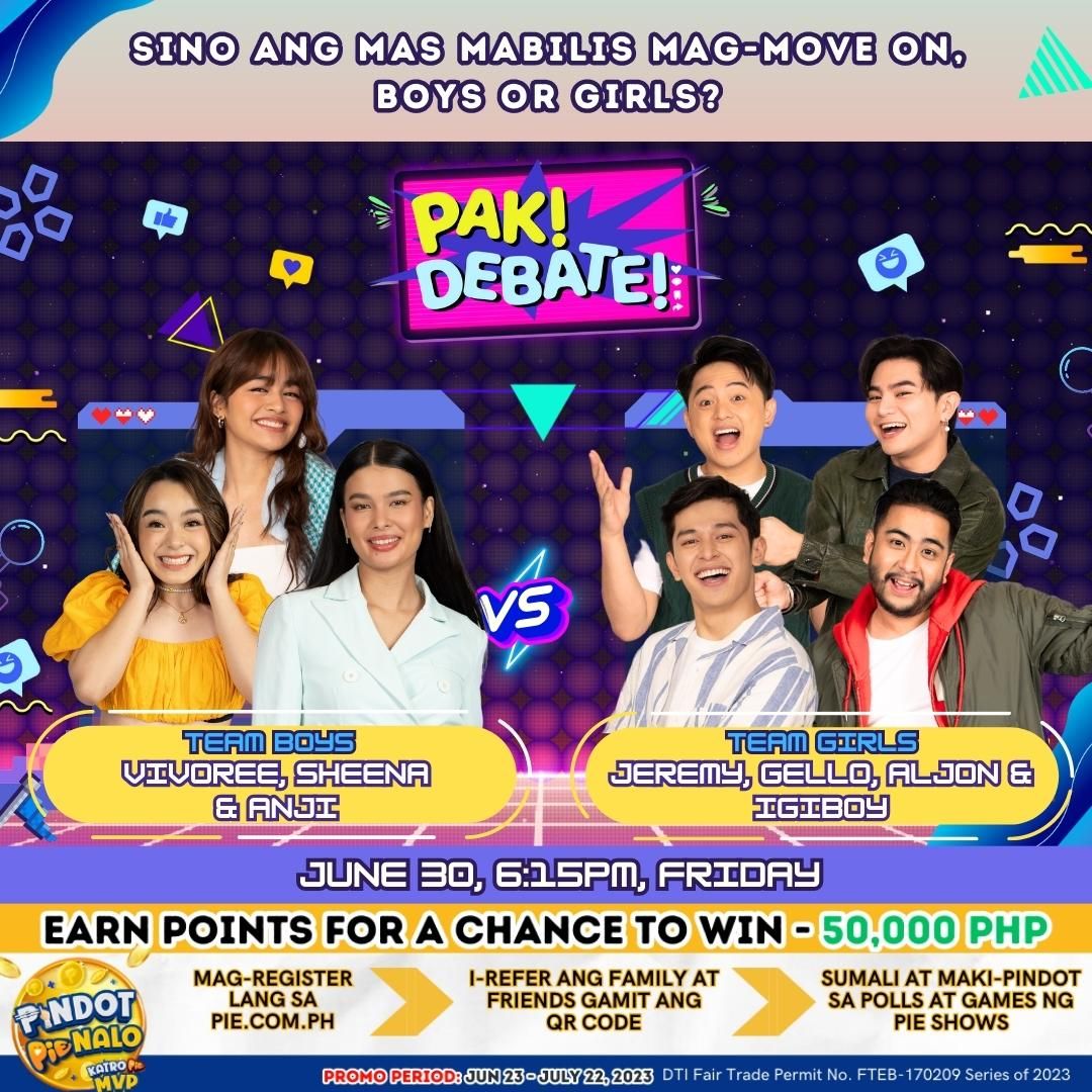 iampieofficial's tweet photo. SINO ANG MAS MABILIS MAG-MOVE ON, BOYS OR GIRLS?
Get ready mga ka VFFs sa PAK na banggaan ng mga opinyon ng buong PAKada sa PAK Debate Finale mamaya!
📺 Pak na Pak
📆 June 30, 2023, 6:15pm
🔗 https://t.co/PxUUi5kVcB https://t.co/Hl9CawcaKS