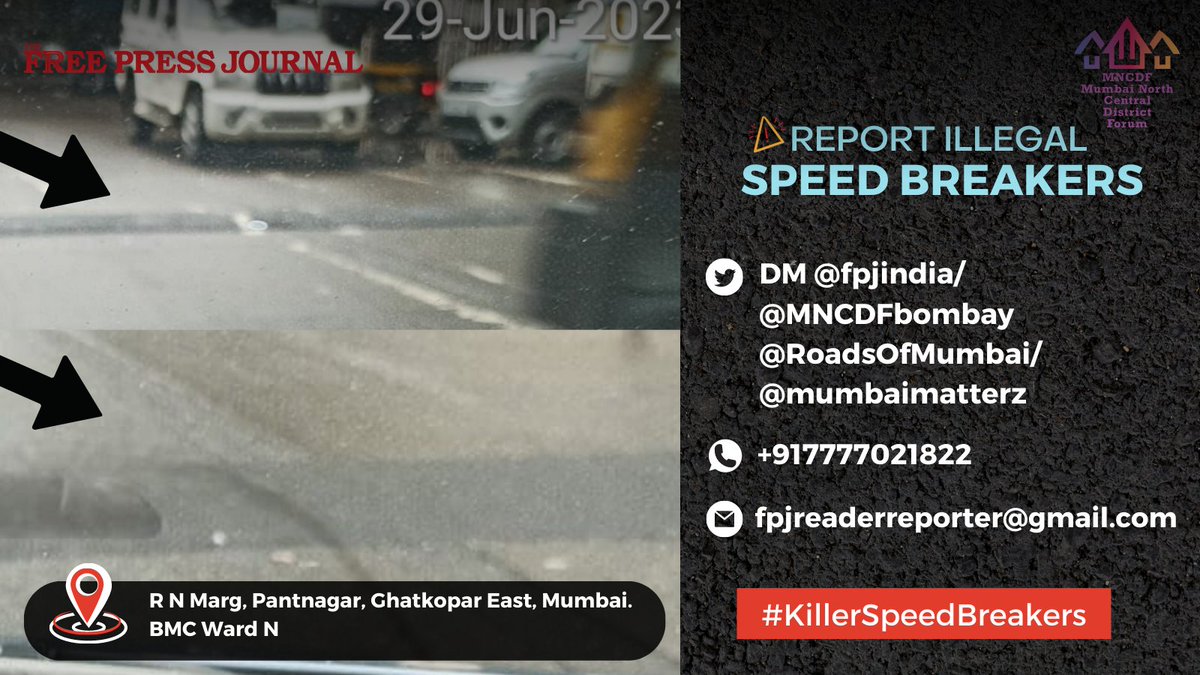 fpjindia's tweet photo. #KillerSpeedBreakers

Speed Breakers on R N Marg, Pantnagar, Ghatkopar East. Not a single one is painted. @mybmcWardN   

Please get this repaired at the earliest.  

If you have similar complaints then reach out to us below with the location of the speed breaker and picture.

@fpjindia/@MNCDFbombay/@RoadsOfMumbai
/@mumbaimatterz