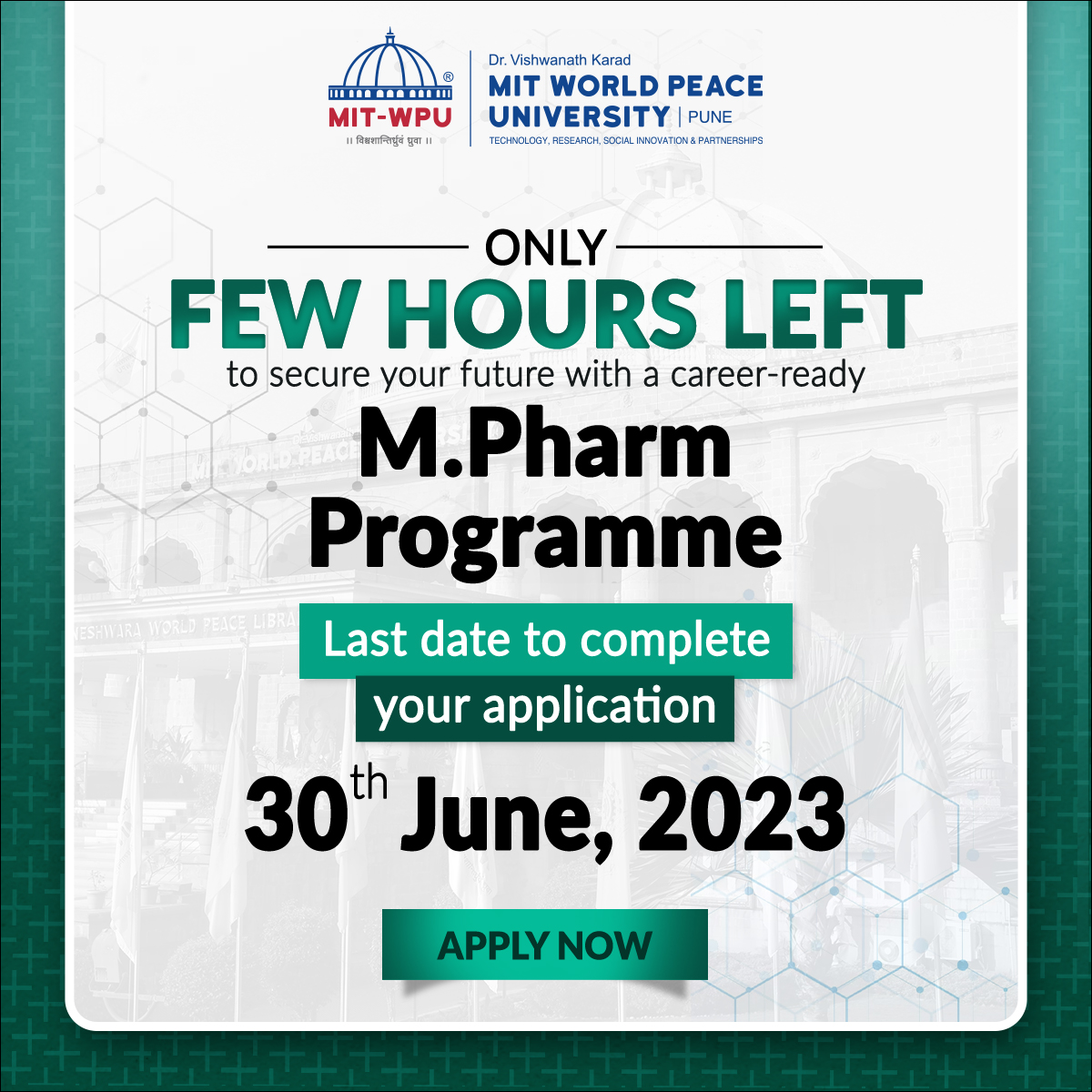 vidyavision_com's tweet photo. Only Few Hours Left to secure a spot in a career-driven M.Pharm Programme. Last date to complete your application is 23rd Jun 2023.
Apply Now: https://t.co/XZMki5dX6E
#mitwpu #mitpune #wordpeaceuniversity #bba #bbaprogramme #bbaadmission #admissionopen https://t.co/oPSf5ZbeVN