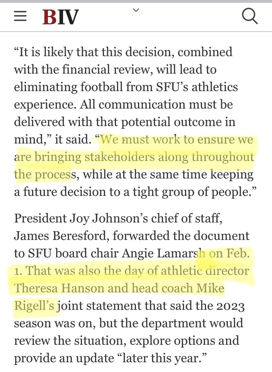 Clearly <a href="/drjoyjohnson/">Joy Johnson</a> &amp; <a href="/SFU/">Simon Fraser University</a> BOG chair Angie Lamarsh <a href="/HSBC/">HSBC</a> disregarded “bringing stakeholders” 😶 

 <a href="/bobmackin/">Bob Mackin</a> 🙏 
#wecanplay2024 #VISTA 
#SaveSFUFootball 🇨🇦🏈
#WeAreSFUFootball

Sign the petition:
forms.office.com/r/6DSz3ixMsY

<a href="/CFL/">CFL</a> <a href="/BCLions/">BC LIONS</a> <a href="/CFLPA/">CFLPA</a> <a href="/CFL_Alumni/">CFLAA</a> <a href="/SFU/">Simon Fraser University</a> <a href="/USPORTSca/">U SPORTS</a>