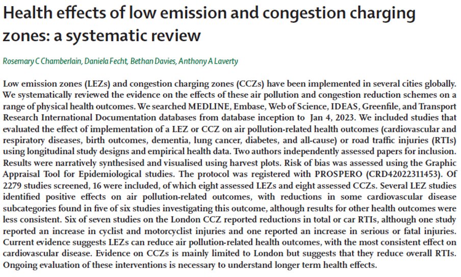Out now in @TheLancetPH our systematic review of congestion charging and low-emission zones sciencedirect.com/science/articl…. It finds these linked to demonstrable reductions in cardiovascular disease outcomes & road traffic injuries @PHPE_IC @ImperialSPH @ERGImperial @NIHRSPHR