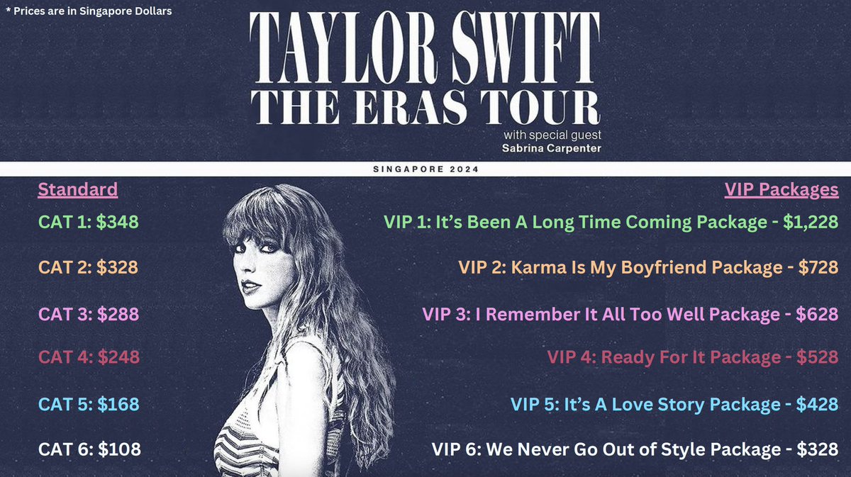TSTheErasTourSG's tweet photo. 📯 | The Eras Tour Singapore ticket prices! #SingaporeTSTheErasTour https://t.co/CtyuykqGbg