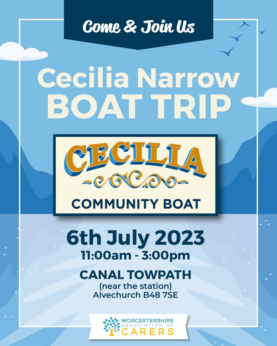 WorcestershireCarers (@carersworcs) on Twitter photo Join us on what will hopefully be a sunny day for a Narrow Boat trip on Cecilia from Alvechurch to Tardebigge return.
Please enquire with Colette at chardiman@carersworcs.org.uk if you are unsure of its suitability dependent on your needs. Join us on what will hopefully be a sunny day for a Narrow Boat trip on Cecilia from Alvechurch to Tardebigge return.
Please enquire with Colette at chardiman@carersworcs.org.uk if you are unsure of its suitability dependent on your needs.