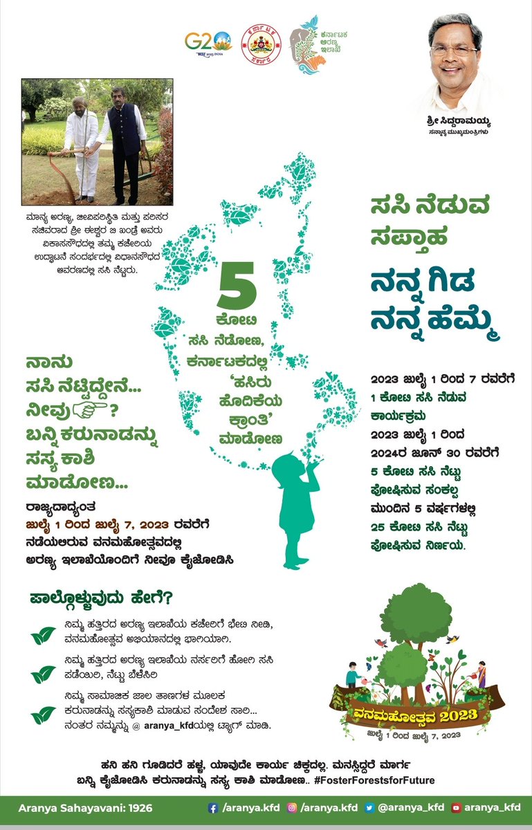 kanara_kfd's tweet photo. 5 ಕೋಟಿ ಸಸಿ ನೀಡೋಣ, ಕರ್ನಾಟಕದಲ್ಲಿ "ಹಸಿರು ಹೊದಿಕೆಯ ಕ್ರಾಂತಿ ಮಾಡೋಣ"
ರಾಜ್ಯಾದ್ಯಂತ ಜುಲೈ 01 ರಿಂದ 07 ರ ವರೆಗೆ ನಡೆಯಲಿರುವ ವನಮಹೋತ್ಸವ ದಲ್ಲಿ ಅರಣ್ಯ ಇಲಾಖೆ ಯೊಂದಿಗೆ ನೀವು ಕೈಜೋಡಿಸಿ.
@CMofKarnataka @PMOIndia @KFD_aranya @TheWesternGhat @CirKfd @aranya_kfd_k https://t.co/1J0KtiLeJ1