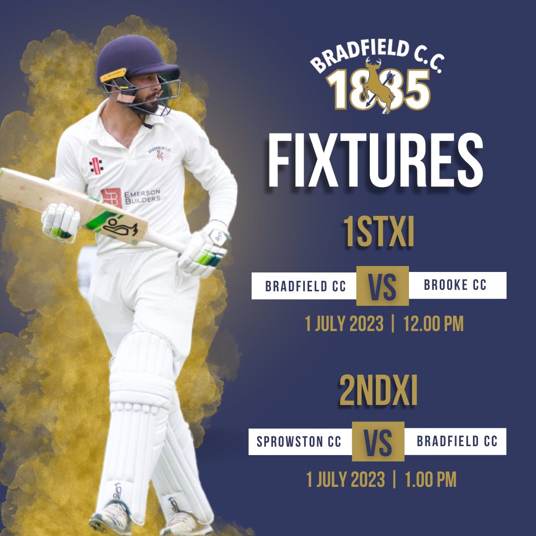 BradfieldCC1885's tweet photo. 🏏 Fixtures - Week 10 🏏

1stXI vs @brookeccnorwich(H)
2ndXI vs @SprowstonCC (A)

#fixtures #weeknine #season2023 #1stXI #premierleague #2ndXI #divisionfour #norfolkcricket #bradfieldcc https://t.co/L1LzeiE4wZ