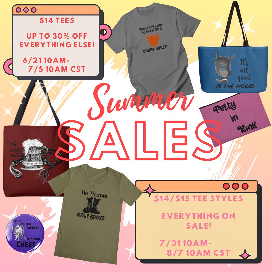 TheKinkyTavern's tweet photo. Our merch is ready to come home to you and is on sale this summer! Several designs and even more options for products! This is the best chance to get our merch at a discounted rate!! 🔗 in 🧬 https://t.co/gosLCsfQDi