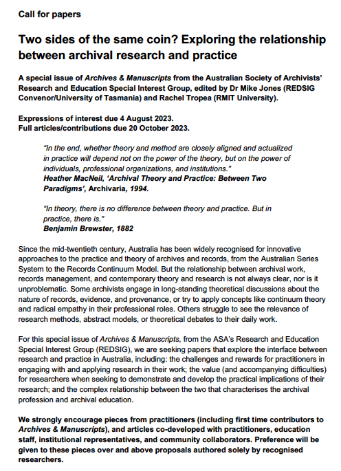 Announcing the CFP for a forthcoming special issue of <a href="/AandM_Journal/">Archives&Manuscripts</a>: Two sides of the same coin? Exploring the relationship between archival research and practice. More details in the image, and full details here: publications.archivists.org.au/index.php/asa/… #archives #records #CFP #GLAM #digipres